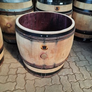 3/4 Fassabschnitt vom 228L Burgund Weinfass mit schwarzen Reifen